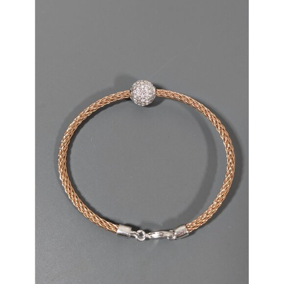 Two Tone Crystal Pave Ball Charm Woven Wire Bangle Bracelet 7" - Picture 1 of 6